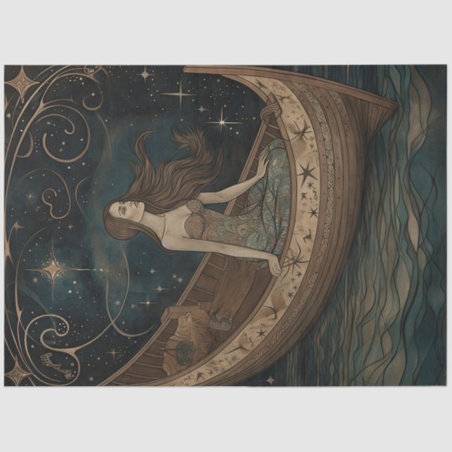 Primitive Mermaid In A Boat Painting Decoupage Tissue Paper (Front)