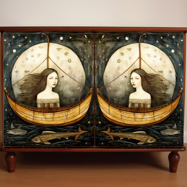 Primitive Mermaid In A Boat Painting Decoupage Tissue Paper (Creator Uploaded)