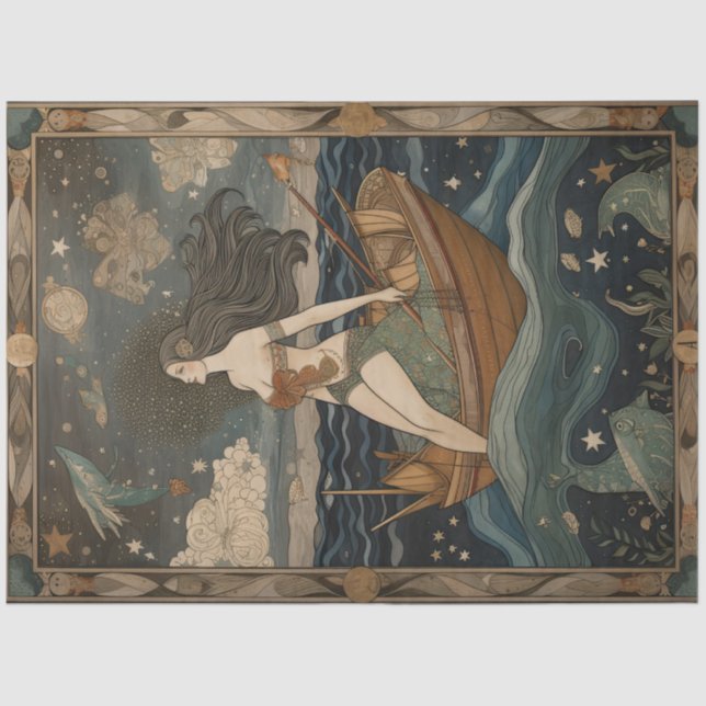 Primitive Mermaid In A Boat Painting Decoupage Tissue Paper (Front)