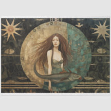 Primitive Mermaid With Fish Celestial Decoupage