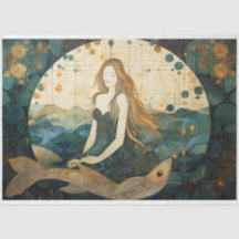 Primitive Mermaid With Fish Ocean Decoupage
