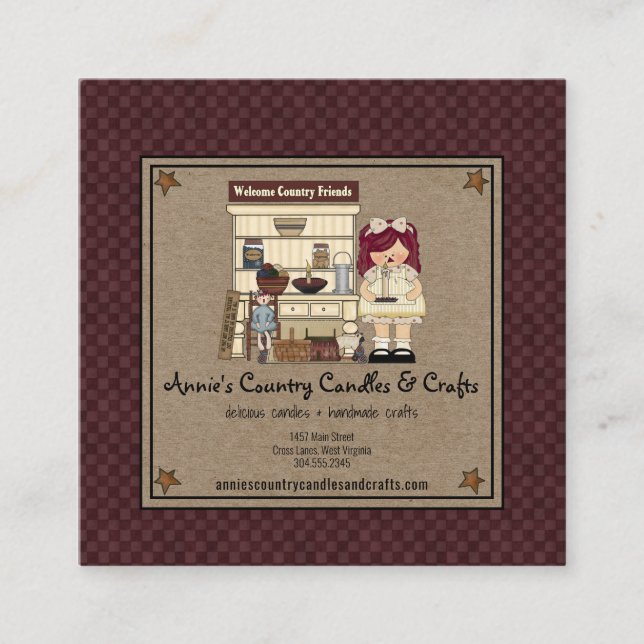 Primitive Rag Doll Rusty Stars Rustic Candle Kraft Square Business Card (Front)