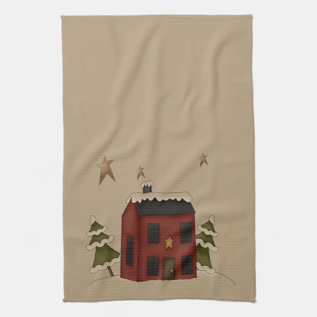 Primitive Red Colonial in the Snow Tea Towel (Vertical)