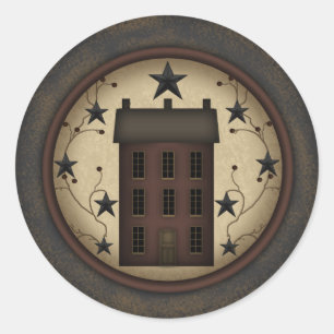 Primitive Red Saltbox House round sticker