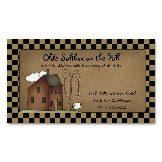 Primitive Rustic Country Saltbox on Kraft Magnetic Business Card (Front)