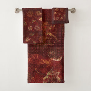 Primitive Rustic Fall Leaves and Gingham Burgundy Bath Towel Set