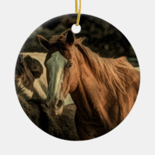 Primitive rustic western country wild horse ceramic tree decoration