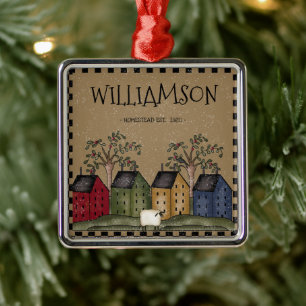 PRIMITIVE SALTBOX HOUSE FAMILY NAME RUSTIC METAL TREE DECORATION