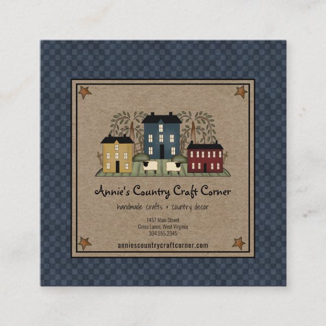 Primitive Saltbox Willow Tree and Sheep  Square Business Card (Front)