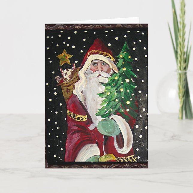 Primitive Santa & Toys old tyme Holiday Card (Front)