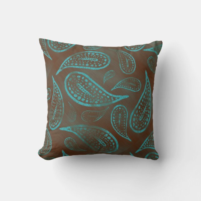 Primitive Smudged Paisley Turquoise and Brown Cushion (Front)