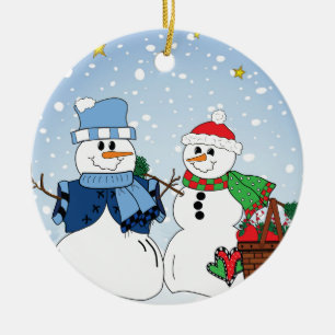 Primitive Snow Couple Ceramic Tree Decoration