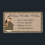 Primitive Snowman Address/Shipping Label<br><div class="desc">This primitive address/shipping label features a primitive snowman dressed in a green coat with burgundy heart buttons with a crow on his shoulder and a matching hat and falling snow of course! Vintage/grungy background with "Warm Winter Wishes". Perfect for all of your holiday mailings. If you need any matching items...</div>