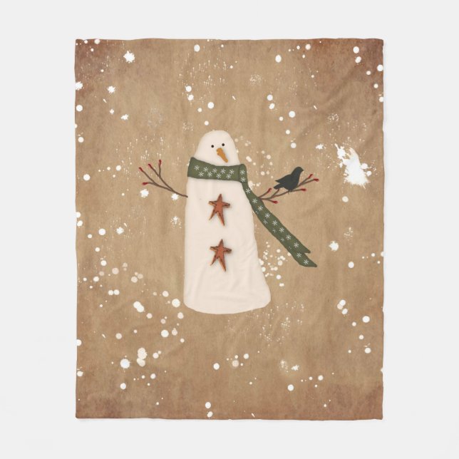 Primitive Snowman Fleece Blanket (Front)