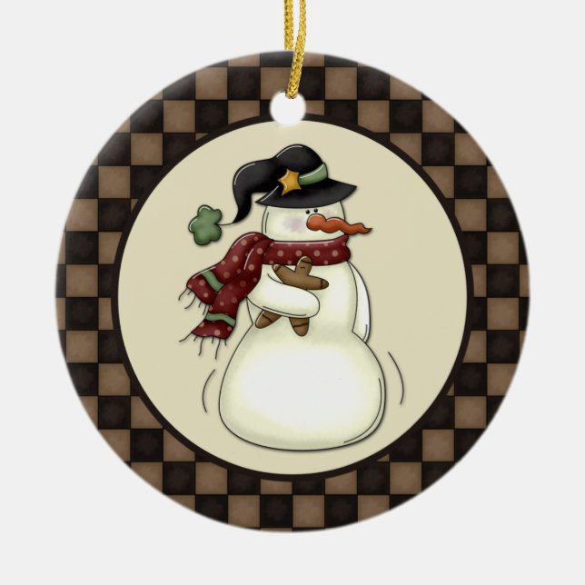 Primitive Snowman Gingerbread Man Ceramic Tree Decoration (Front)