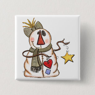 Primitive Snowman with Heart and Star 15 Cm Square Badge