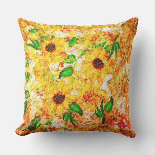 Primitive Sunflowers Green Leaves Rustic Cushion