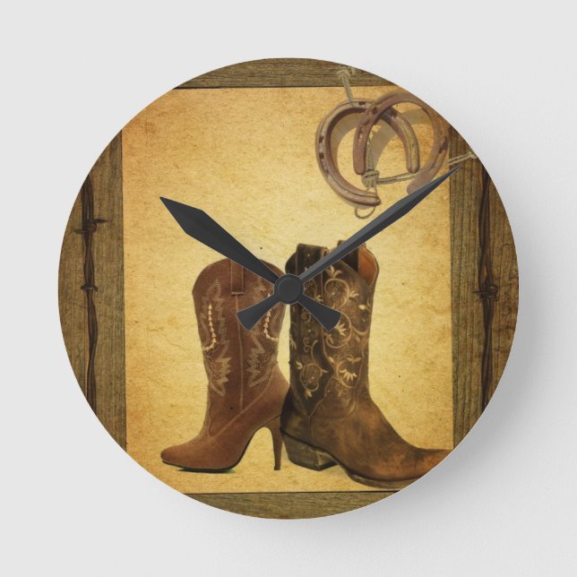 primitive western country horseshoe cowboy boots round clock (Front)