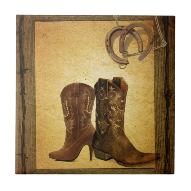 primitive western country horseshoe cowboy boots tile (Front)