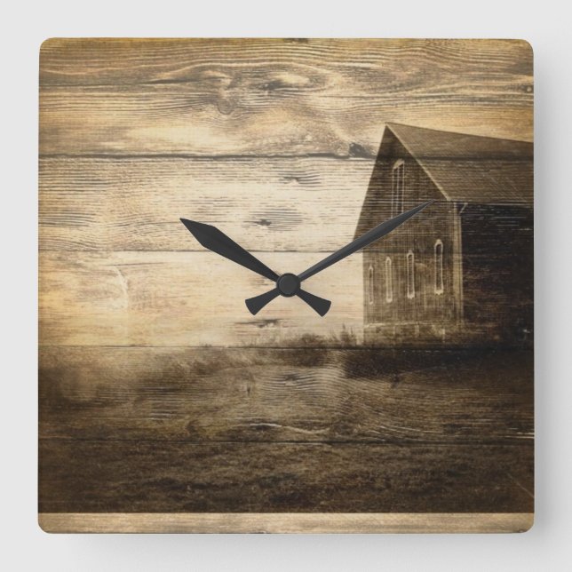 primitive western country old barn farmhouse cabin square wall clock (Front)