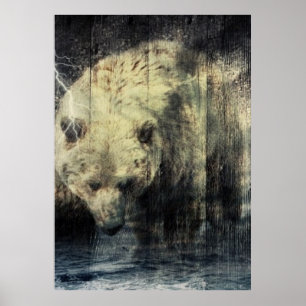 Primitive Western Woodgrain Woodland Grizzly Bear Poster