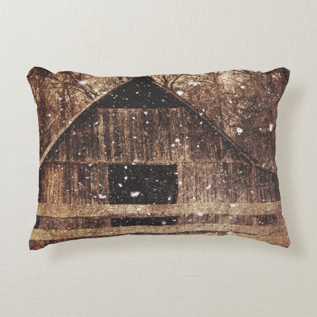 Primitive Winter Snow Country Rural Old Barn Decorative Cushion (Front)