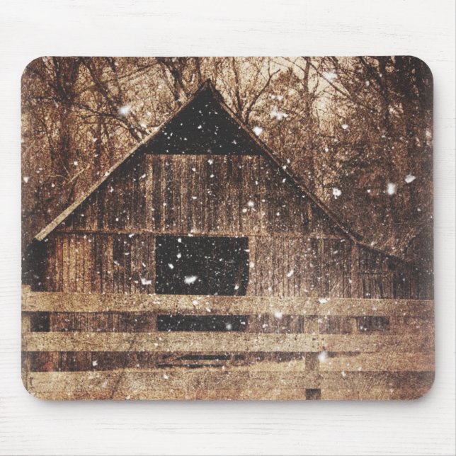 Primitive Winter Snow Country Rural Old Barn Mouse Mat (Front)
