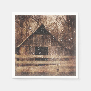 Primitive Winter Snow Country Rural Old Barn Napkin