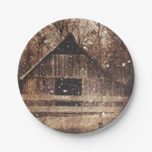 Primitive Winter Snow Country Rural Old Barn Paper Plate