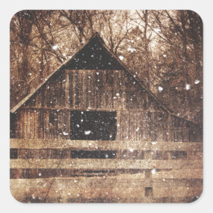 Primitive Winter Snow Country Rural Old Barn Square Sticker