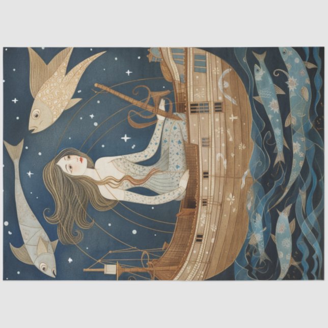 Primitive Woman With Fish Pisces Decoupage     Tissue Paper (Front)