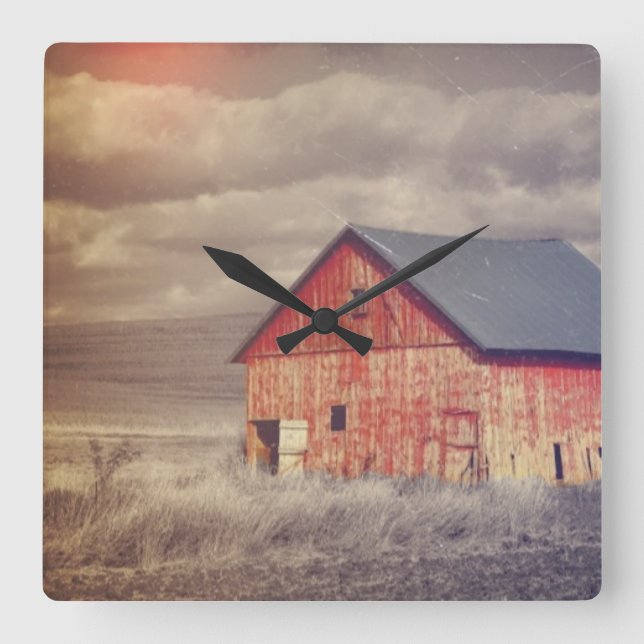 Primitive Wood Western Country farm Red Barn Square Wall Clock (Front)