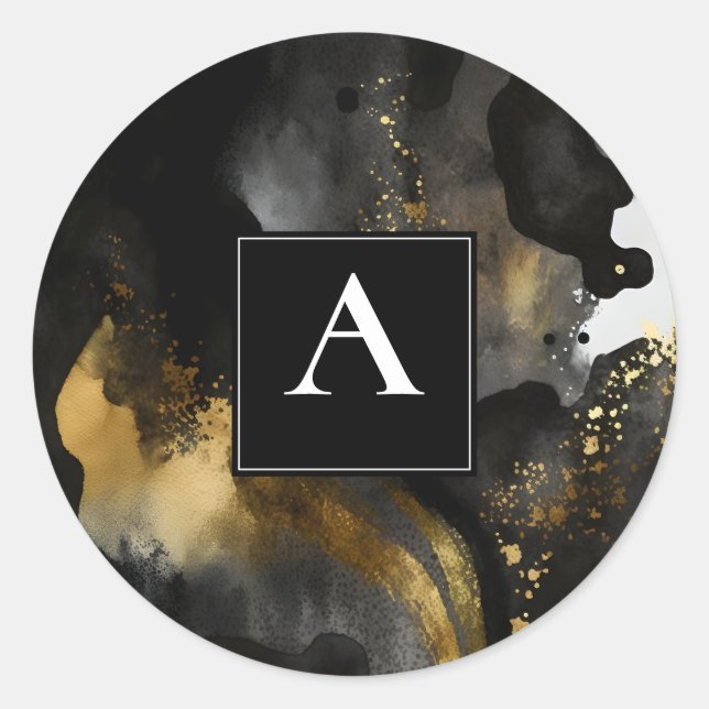 Primordial Sweep | Black Gold Abstract Design Classic Round Sticker (Front)