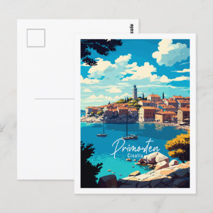 Primosten Croatia vintage travel illustration Postcard