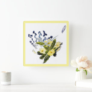 Primrose Bluebell Flowers Floral Nature Square Wall Clock