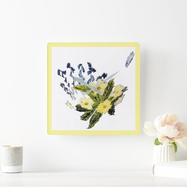 Primrose Bluebell Flowers Floral Nature Square Wall Clock (Home)