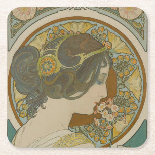 Primrose by Alphonse Mucha Square Paper Coaster