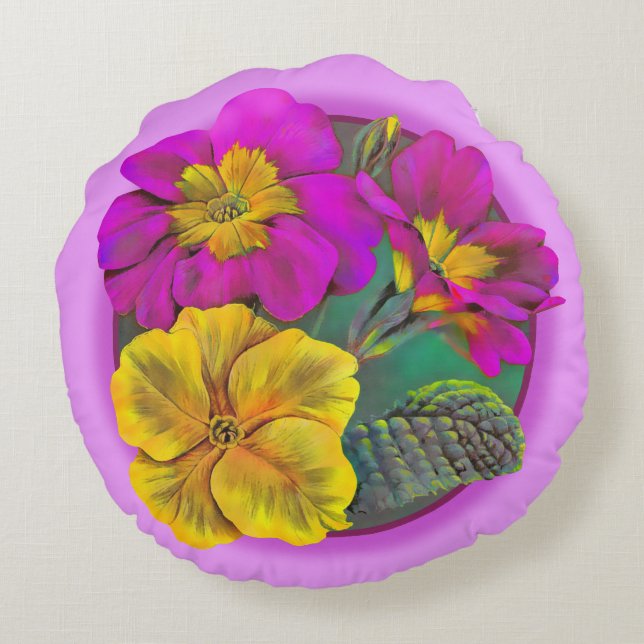 Primrose pink yellow green throw pillow (Back)