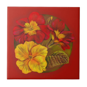 Primrose red and yellow fine art painted tile