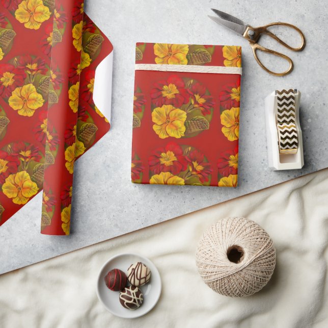 Primrose red and yellow fine art painting wrap wrapping paper (Crafts)