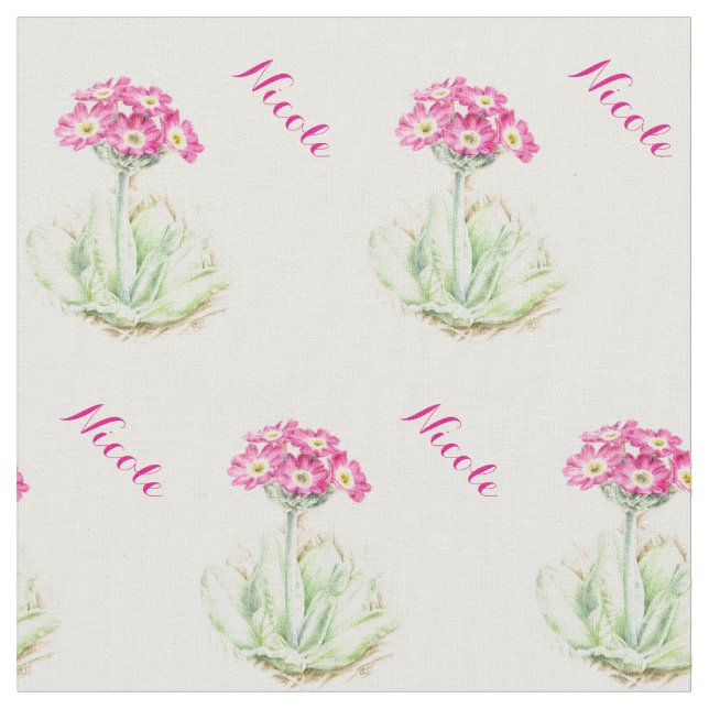 Primrose watercolor botanical art name fabric (Close Up)