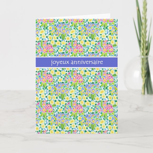 Primroses Birthday Card, French Greeting Card (Front)