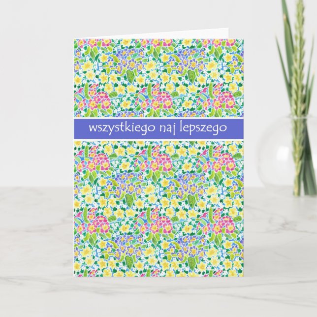 Primroses Birthday Card, Polish Greeting Card (Front)