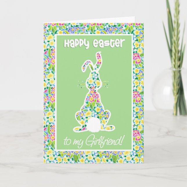 Primroses Cute Bunny Rabbit Easter, for Girlfriend Holiday Card (Front)
