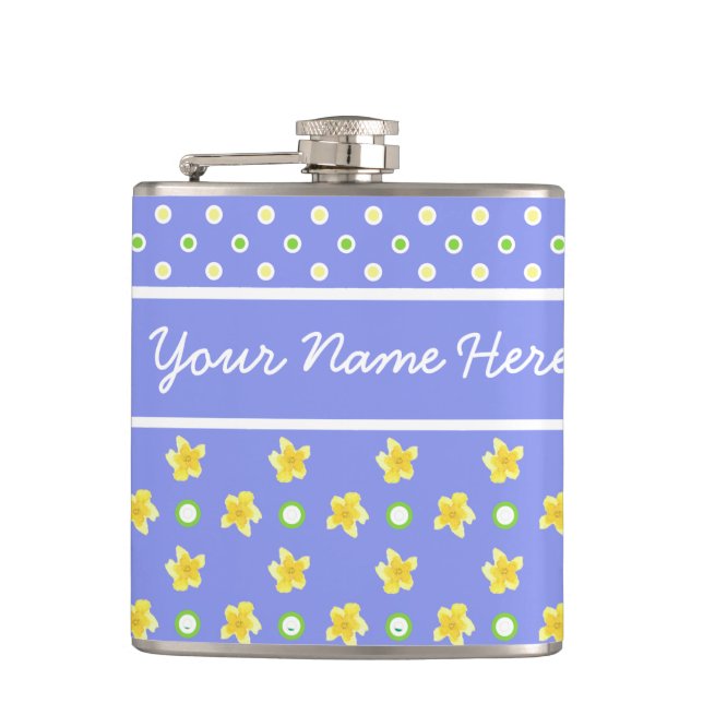 Primroses Hip Flask: Personalize: Polka Dots, Blue Hip Flask (Front)