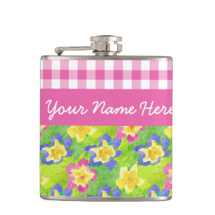 Primroses Hip Flask to Personalize: Pink Gingham