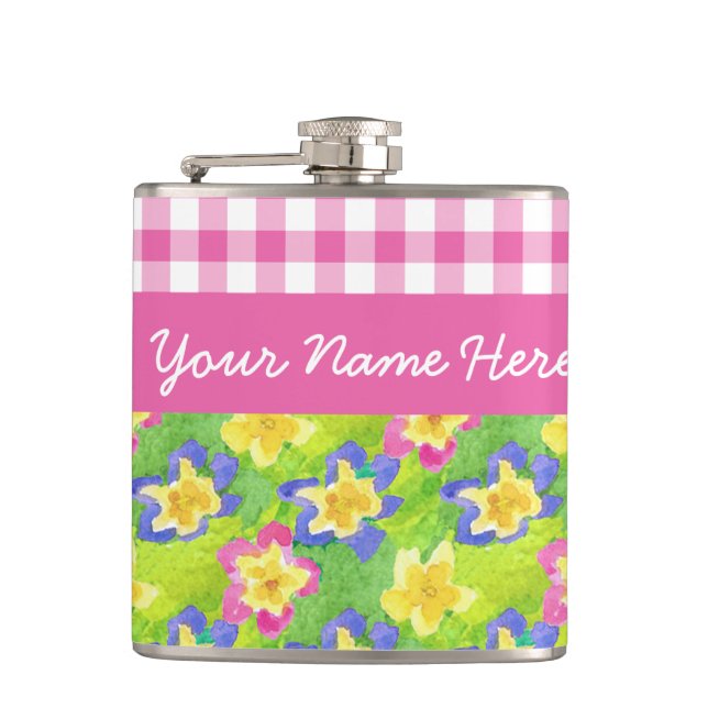 Primroses Hip Flask to Personalize: Pink Gingham (Front)