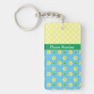Primroses on Blue, Yellow, White Polka Dots Key Ring