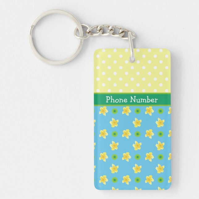 Primroses on Blue, Yellow, White Polka Dots Key Ring (Front)