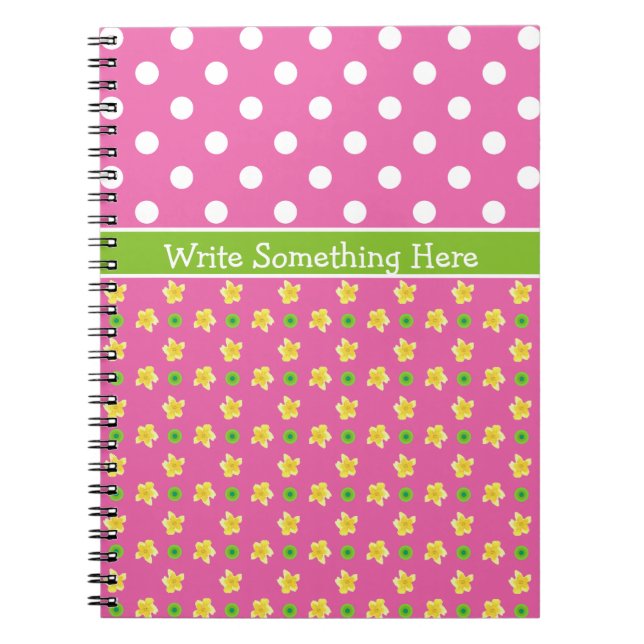 Primroses on Pink, Jumbo White Polka Dots Notebook (Front)